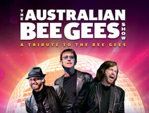 The Australian Bee Gees stand prominently in front of a giant disco ball emitting purple and yellow-tint light. The 'Australian Bee Gees' logo is above the band and the disco ball in white.