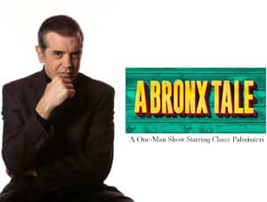 Chazz Palminteri Sits on a white background beside the Bronx Tale logo to his right