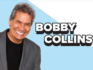 Bobby Collins stands smiling on a blue and white background with his name in bold text on the right side of the image.